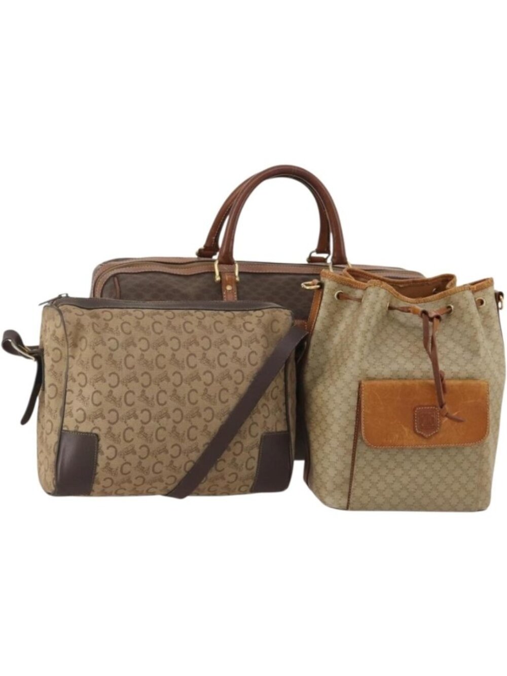 CELINE Macadam Canvas Shoulder Bag PVC Leather 3 Set Brown Beige